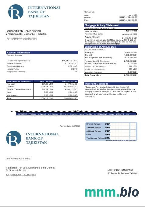 Tadżykistan ITB Bank wyciąg z kredytu hipotecznego w formatach Word i PDF
